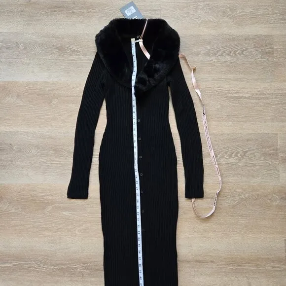 House of CB Raine Faux Fur Trim Ribbed Knit Button Dress Medium New With Tags