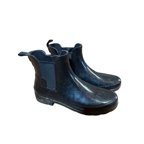 Hunter Original Refined Chelsea Gloss Womens Black Short Ankle Rain BOOTS Sz 6