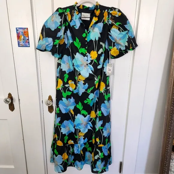 Hyacinth House  Black &amp; Airy Blue Floral Mimi Midi Dress