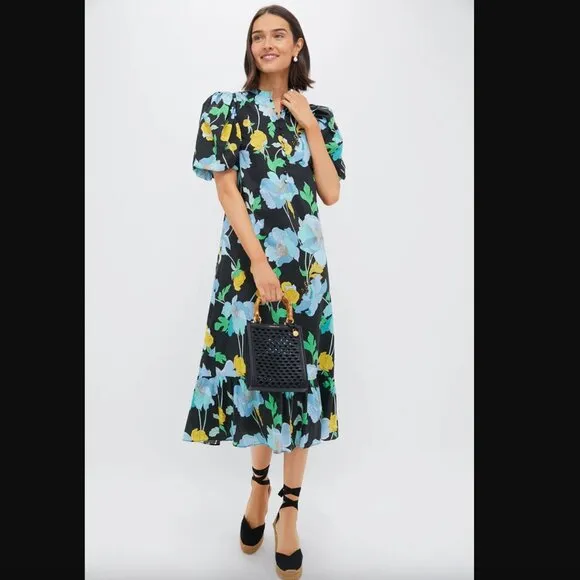 Hyacinth House  Black &amp; Airy Blue Floral Mimi Midi Dress
