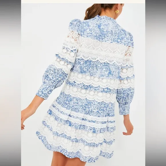 HYACINTH HOUSELace Trim Blue Etched Floral Emmie Mini Dress