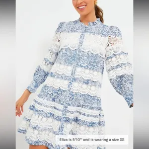 HYACINTH HOUSELace Trim Blue Etched Floral Emmie Mini Dress