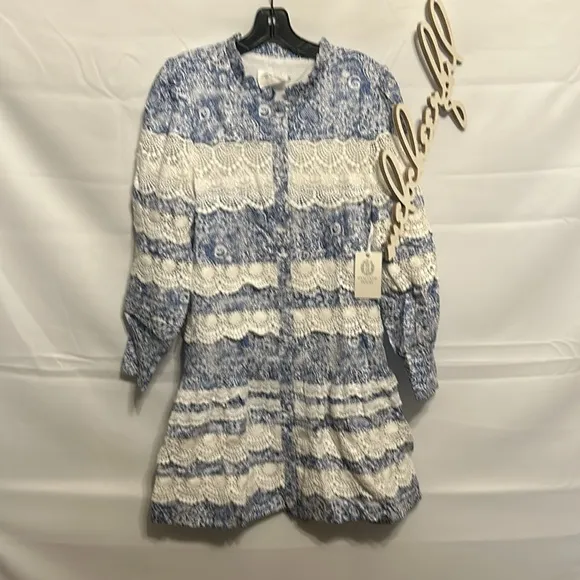 HYACINTH HOUSELace Trim Blue Etched Floral Emmie Mini Dress