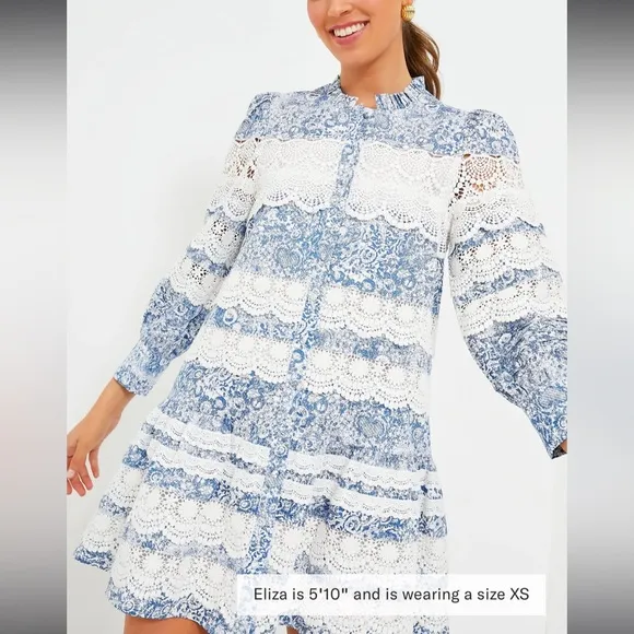 HYACINTH HOUSELace Trim Blue Etched Floral Emmie Mini Dress