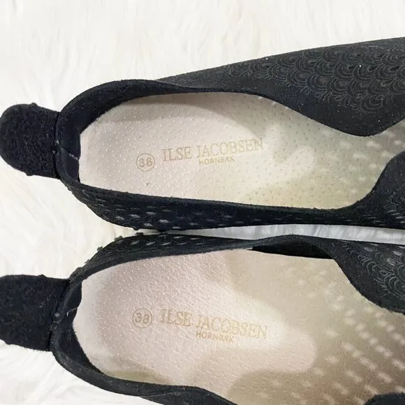 Ilse Jacobsen Black Suede Tulip Slip On Flats Laser Cut Pattern Women's Sz EU 38