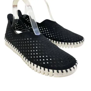 Ilse Jacobsen Black Suede Tulip Slip On Flats Laser Cut Pattern Women's Sz EU 38