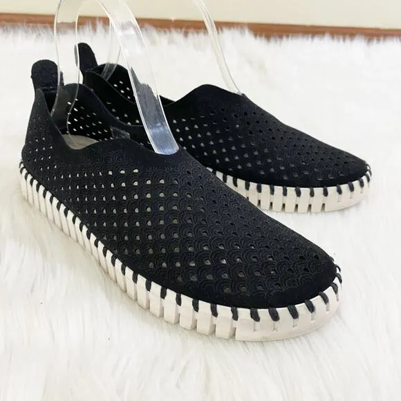 Ilse Jacobsen Black Suede Tulip Slip On Flats Laser Cut Pattern Women's Sz EU 38