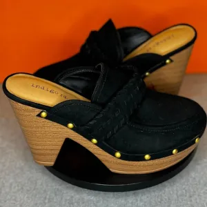 Indigo Rd. Black Heel Mule Suede IRDAYSIE Gold Studded Size 7m