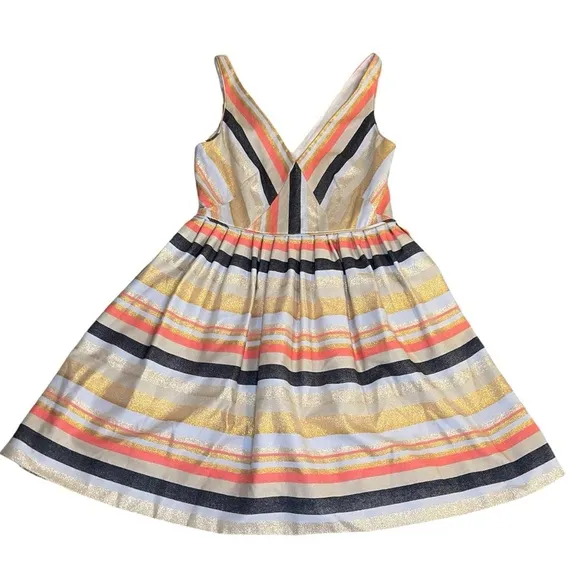 J Crew Cotton Blend Gold Metallic Denim Stripe Party Dress with Pockets