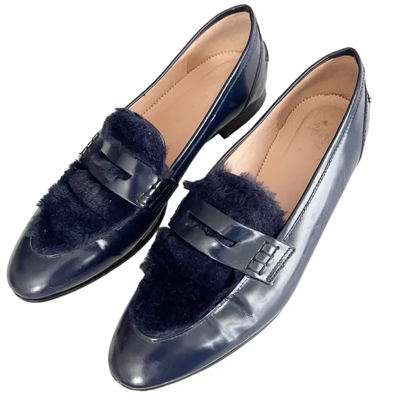 J. Crew Navy blue faux fur Academy loafers size 8.5