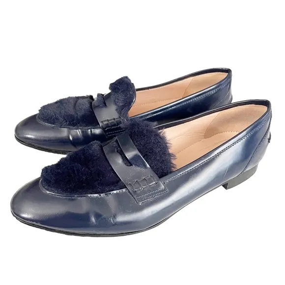 J. Crew Navy blue faux fur Academy loafers size 8.5