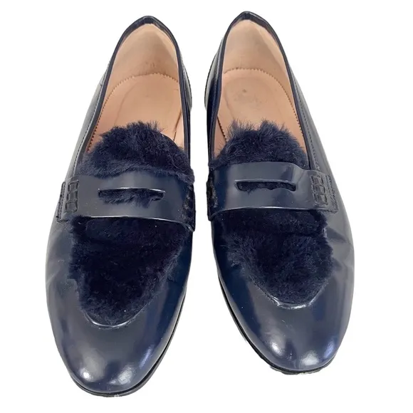 J. Crew Navy blue faux fur Academy loafers size 8.5