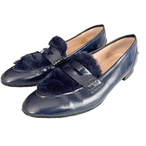 J. Crew Navy blue faux fur Academy loafers size 8.5