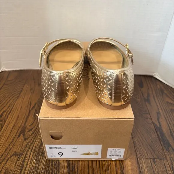 J. Crew Tan Perforated Mary Jane Flats SZ 9 Color Gold