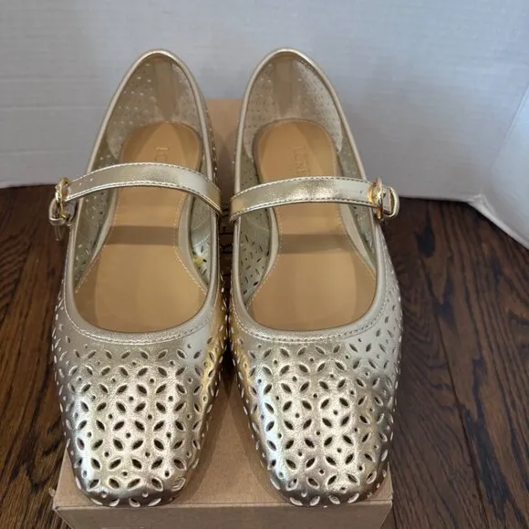J. Crew Tan Perforated Mary Jane Flats SZ 9 Color Gold