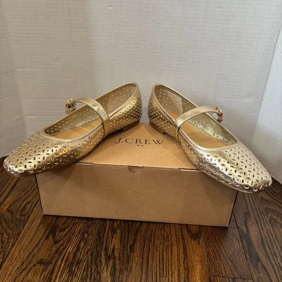 J. Crew Tan Perforated Mary Jane Flats SZ 9 Color Gold