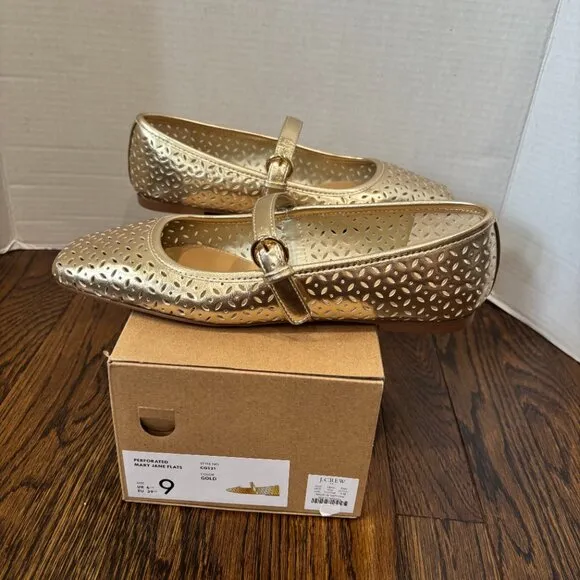 J. Crew Tan Perforated Mary Jane Flats SZ 9 Color Gold
