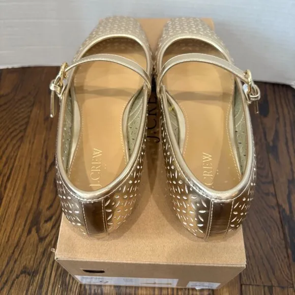 J. Crew Tan Perforated Mary Jane Flats SZ 9 Color Gold