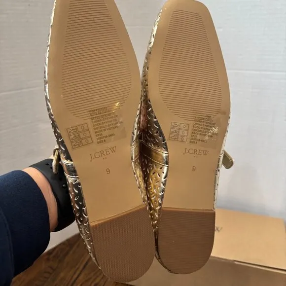 J. Crew Tan Perforated Mary Jane Flats SZ 9 Color Gold