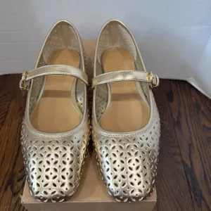 J. Crew Tan Perforated Mary Jane Flats SZ 9 Color Gold