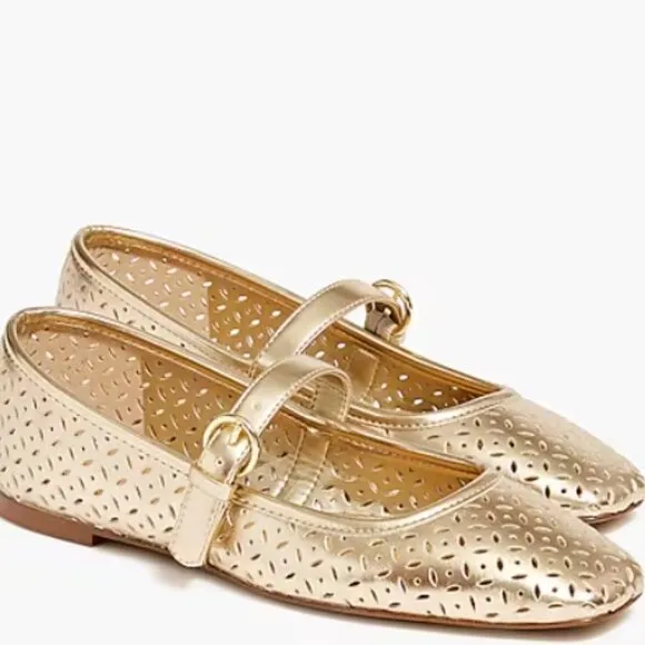 J. Crew Tan Perforated Mary Jane Flats SZ 9 Color Gold