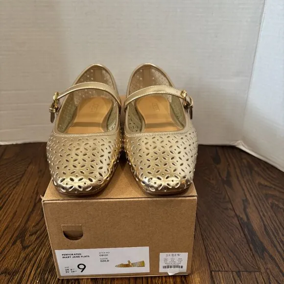 J. Crew Tan Perforated Mary Jane Flats SZ 9 Color Gold