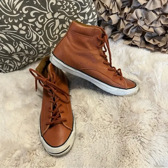 Jack  Purcell Converse Unisex Leather Cognac Color Hightop Lace Up Sneakers Sz 7