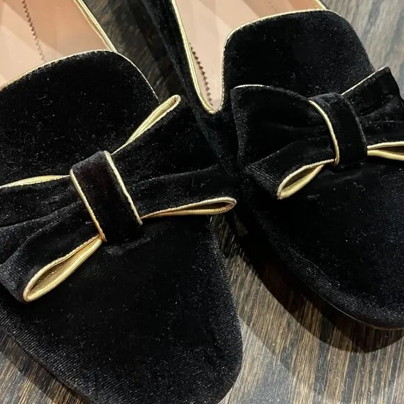 J.Crew Flats Women’s 9 Black Gold Velvet Smoking Slippers Bow Preppy Old Money