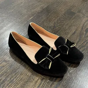 J.Crew Flats Women’s 9 Black Gold Velvet Smoking Slippers Bow Preppy Old Money