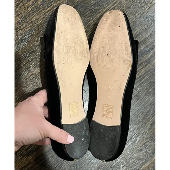 J.Crew Flats Women’s 9 Black Gold Velvet Smoking Slippers Bow Preppy Old Money