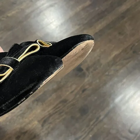 J.Crew Flats Women’s 9 Black Gold Velvet Smoking Slippers Bow Preppy Old Money