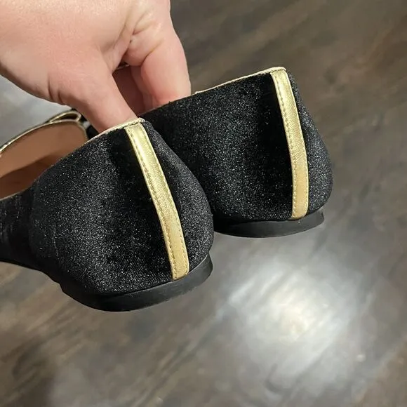J.Crew Flats Women’s 9 Black Gold Velvet Smoking Slippers Bow Preppy Old Money