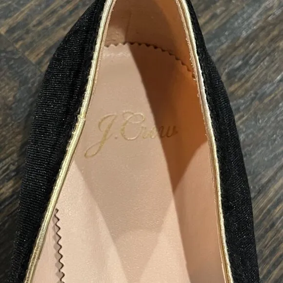 J.Crew Flats Women’s 9 Black Gold Velvet Smoking Slippers Bow Preppy Old Money