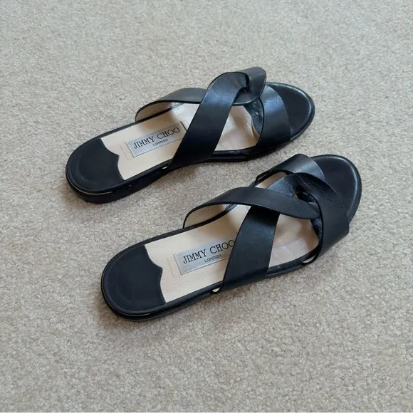 Jimmy Choo Atia Flat Slide Sandal Open Toe Black Leather 36.5