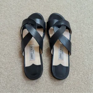Jimmy Choo Atia Flat Slide Sandal Open Toe Black Leather 36.5