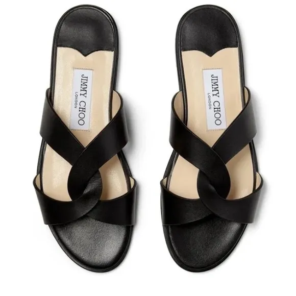 Jimmy Choo Atia Flat Slide Sandal Open Toe Black Leather 36.5