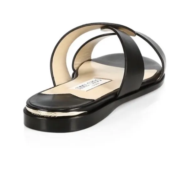 Jimmy Choo Atia Flat Slide Sandal Open Toe Black Leather 36.5