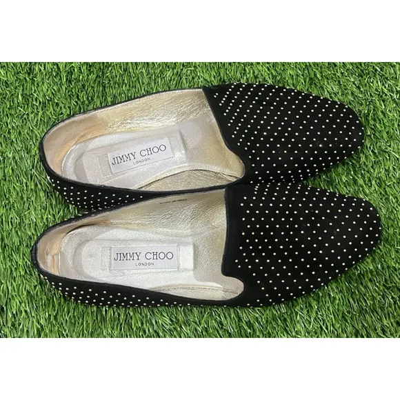 JIMMY CHOO Women's Black Suede Gold Studded Slip On Flats Loafers Size 8