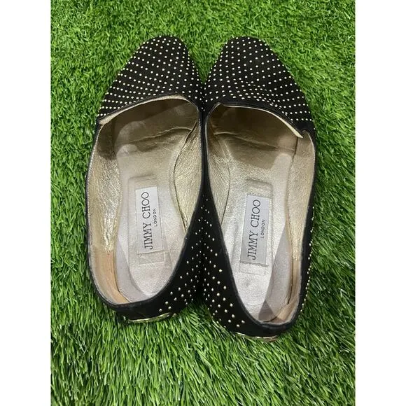 JIMMY CHOO Women's Black Suede Gold Studded Slip On Flats Loafers Size 8