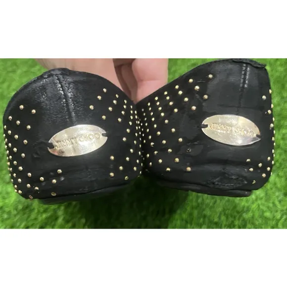 JIMMY CHOO Women's Black Suede Gold Studded Slip On Flats Loafers Size 8