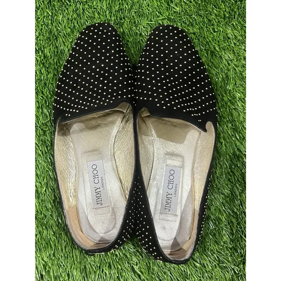 JIMMY CHOO Women's Black Suede Gold Studded Slip On Flats Loafers Size 8