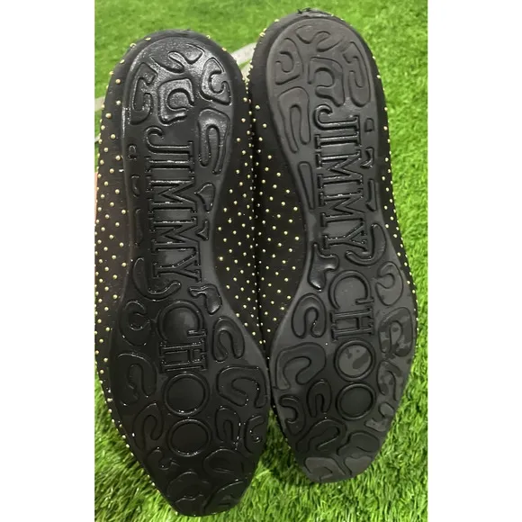 JIMMY CHOO Women's Black Suede Gold Studded Slip On Flats Loafers Size 8