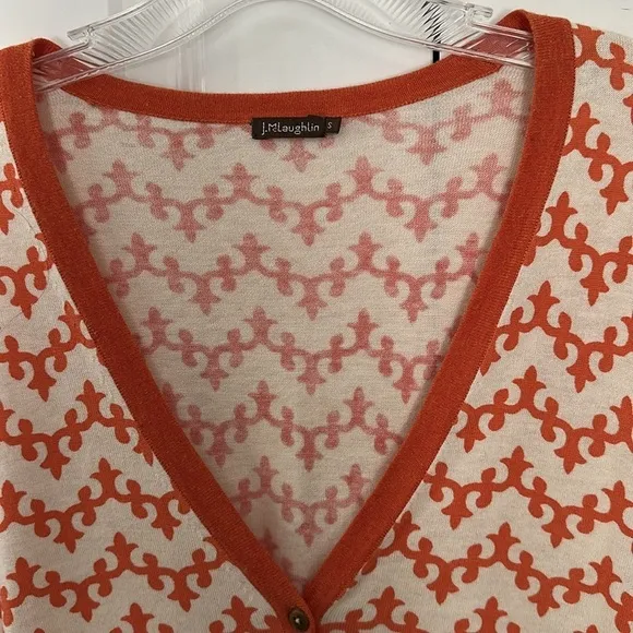J.McLaughlin quiet luxury v-neck cardigan, cream, orange &amp; blue patterns, small