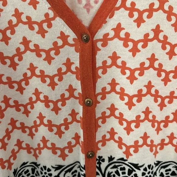 J.McLaughlin quiet luxury v-neck cardigan, cream, orange &amp; blue patterns, small