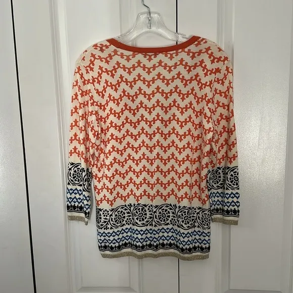 J.McLaughlin quiet luxury v-neck cardigan, cream, orange &amp; blue patterns, small