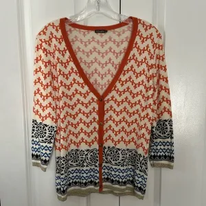 J.McLaughlin quiet luxury v-neck cardigan, cream, orange &amp; blue patterns, small