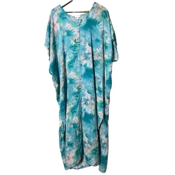 JOHNNY WAS Calme Turquoise V Neck Maxi Kaftan Dress