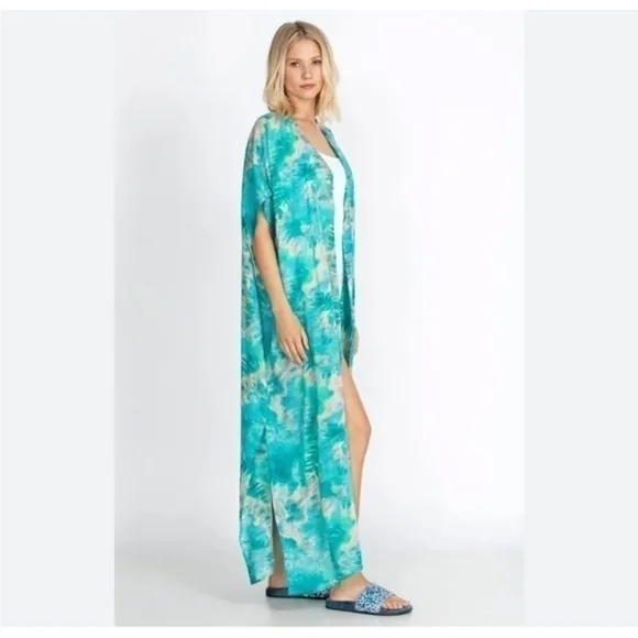 JOHNNY WAS Calme Turquoise V Neck Maxi Kaftan Dress