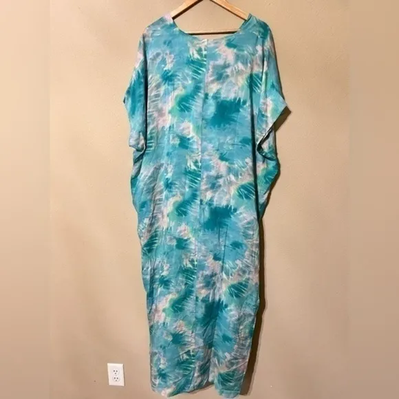 JOHNNY WAS Calme Turquoise V Neck Maxi Kaftan Dress