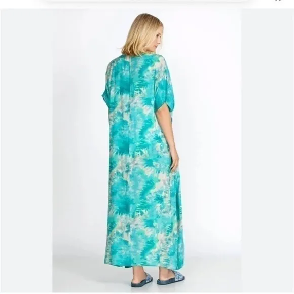 JOHNNY WAS Calme Turquoise V Neck Maxi Kaftan Dress